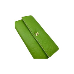 CHANEL Chanel Wallet Camellia Long Green Leather Coin Purse Rarei Ladies