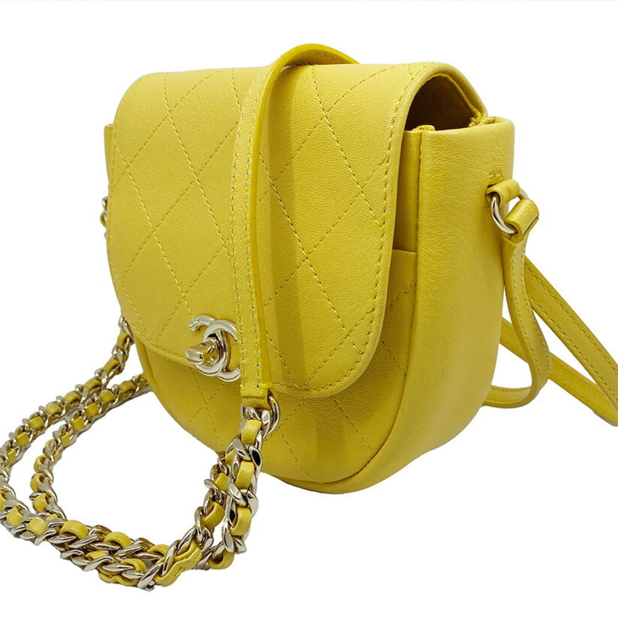 CHANEL Chain Shoulder Yellow Ladies Matelasse Leather Calf Here Mark