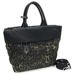 Prada Tote Bag B4521V Black Khaki Nylon Leather Leopard Print Shoulder Ladies PRADA