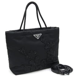 Prada handbag 1BA257 black nylon leather shoulder bag flower beads embroidery ladies PRADA