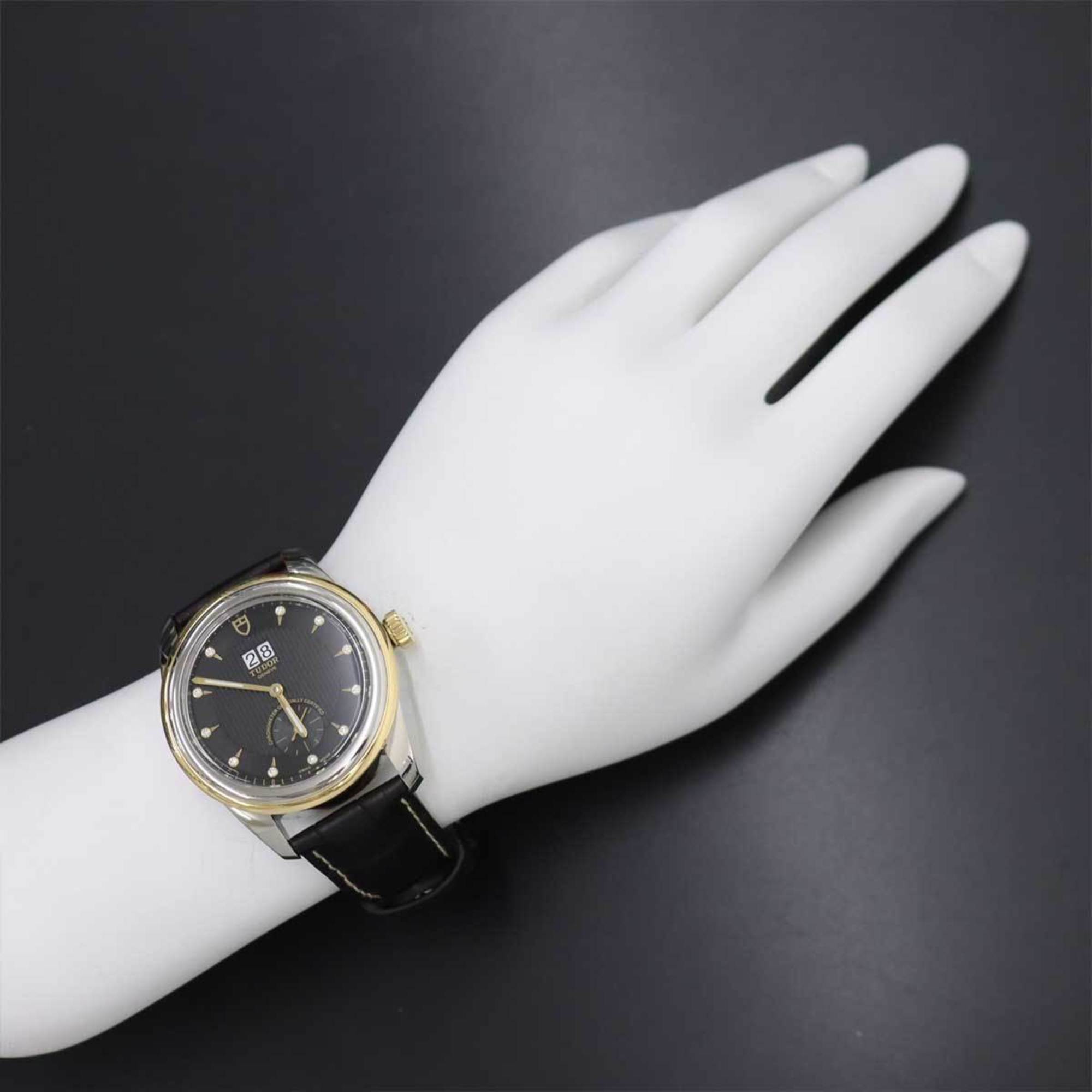 TUDOR Glamor Double Date Combi 57103 Men's Watch 11P Diamond Black Dial YG Yellow Gold Automatic