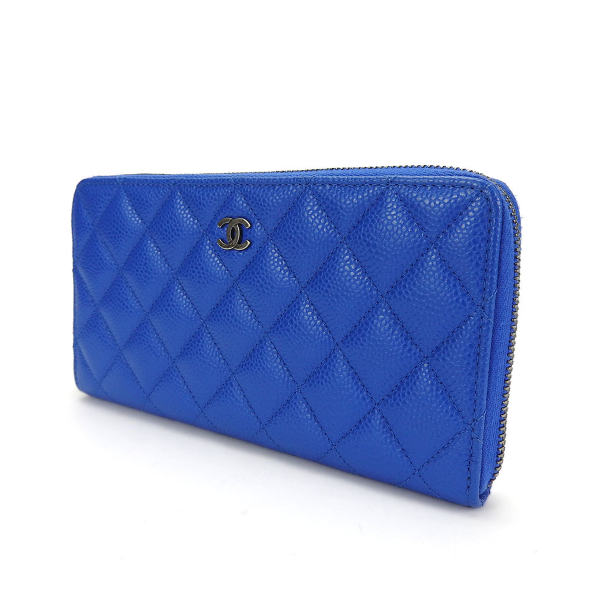 CHANEL Long Wallet Round Caviar Skin Blue Zippy 2 Accessories Women's