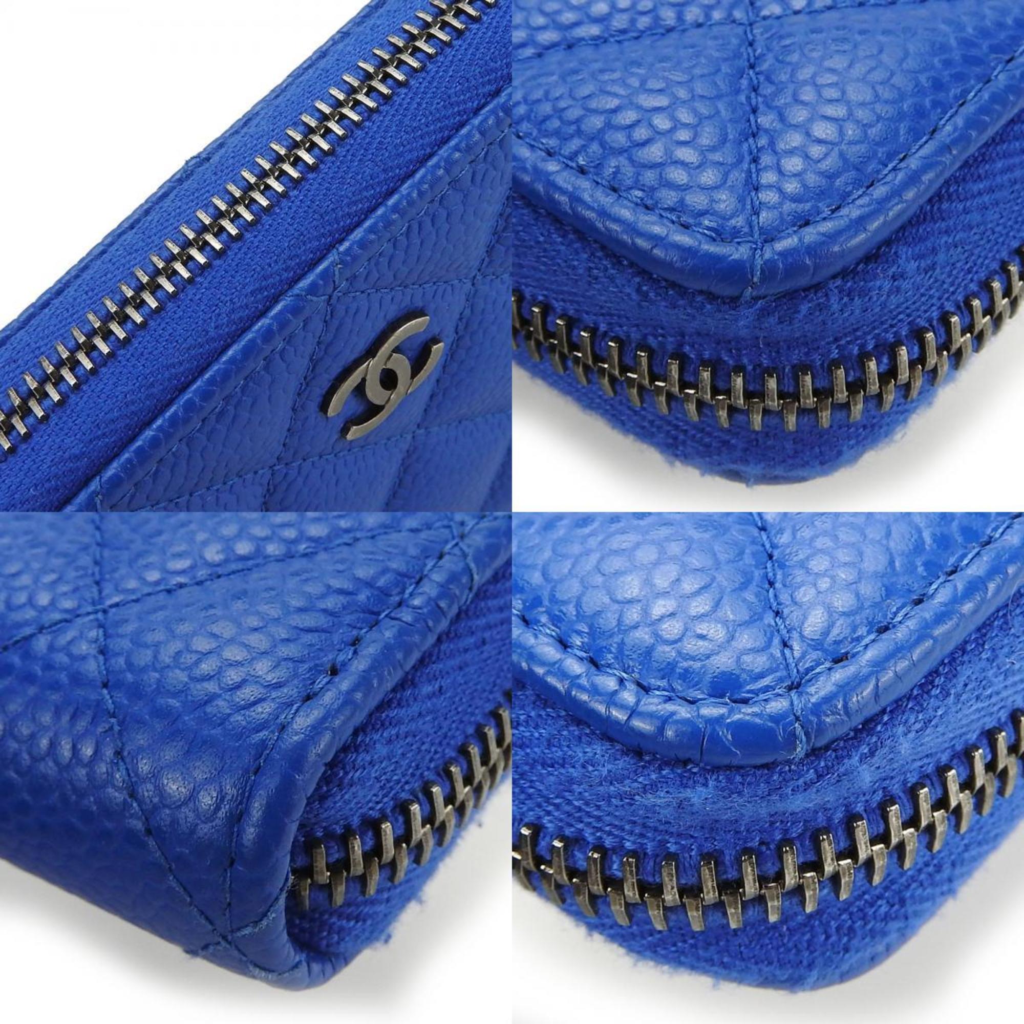 CHANEL Long Wallet Round Caviar Skin Blue Zippy 2 Accessories Women's
