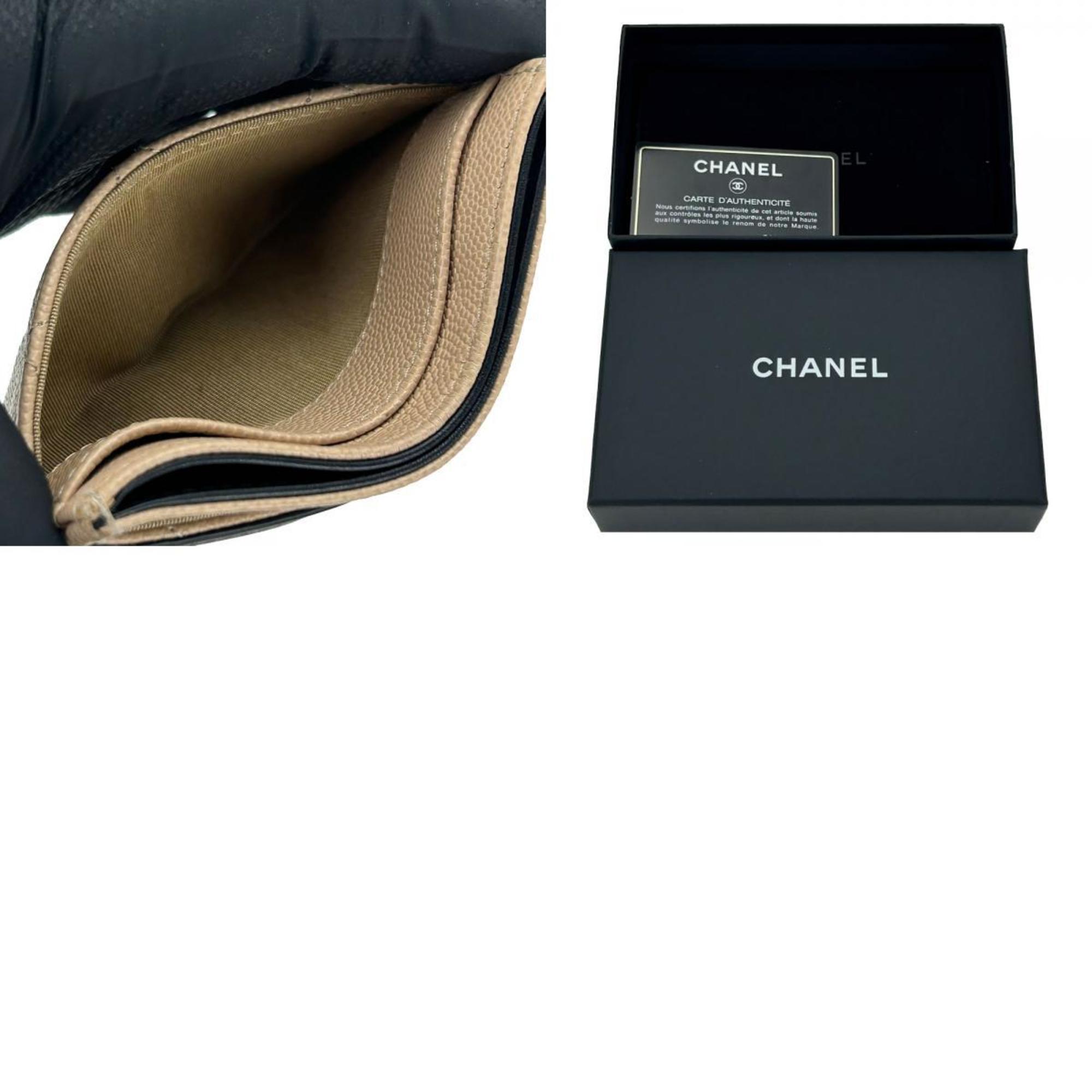 CHANEL Business Card Holder/Card Case Caviar Skin Beige Black Coco Mark Holder No. 30 Women's
