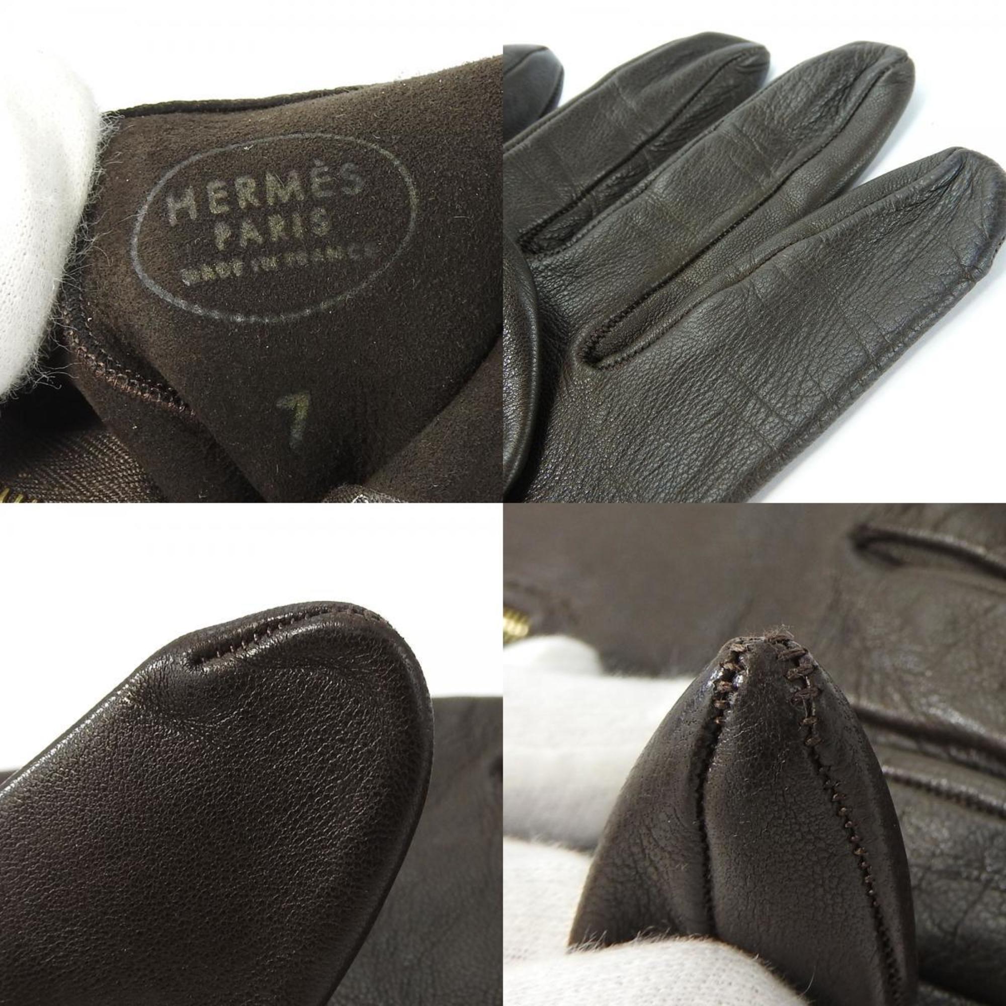 Hermes Gloves 7 Lamb Leather Dark Brown Kelly Cadena Women's HERMES