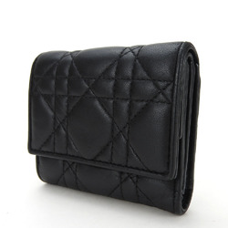 Christian Dior Trifold Wallet Lady Cannage Lambskin Black Quilted Compact Charm Ladies