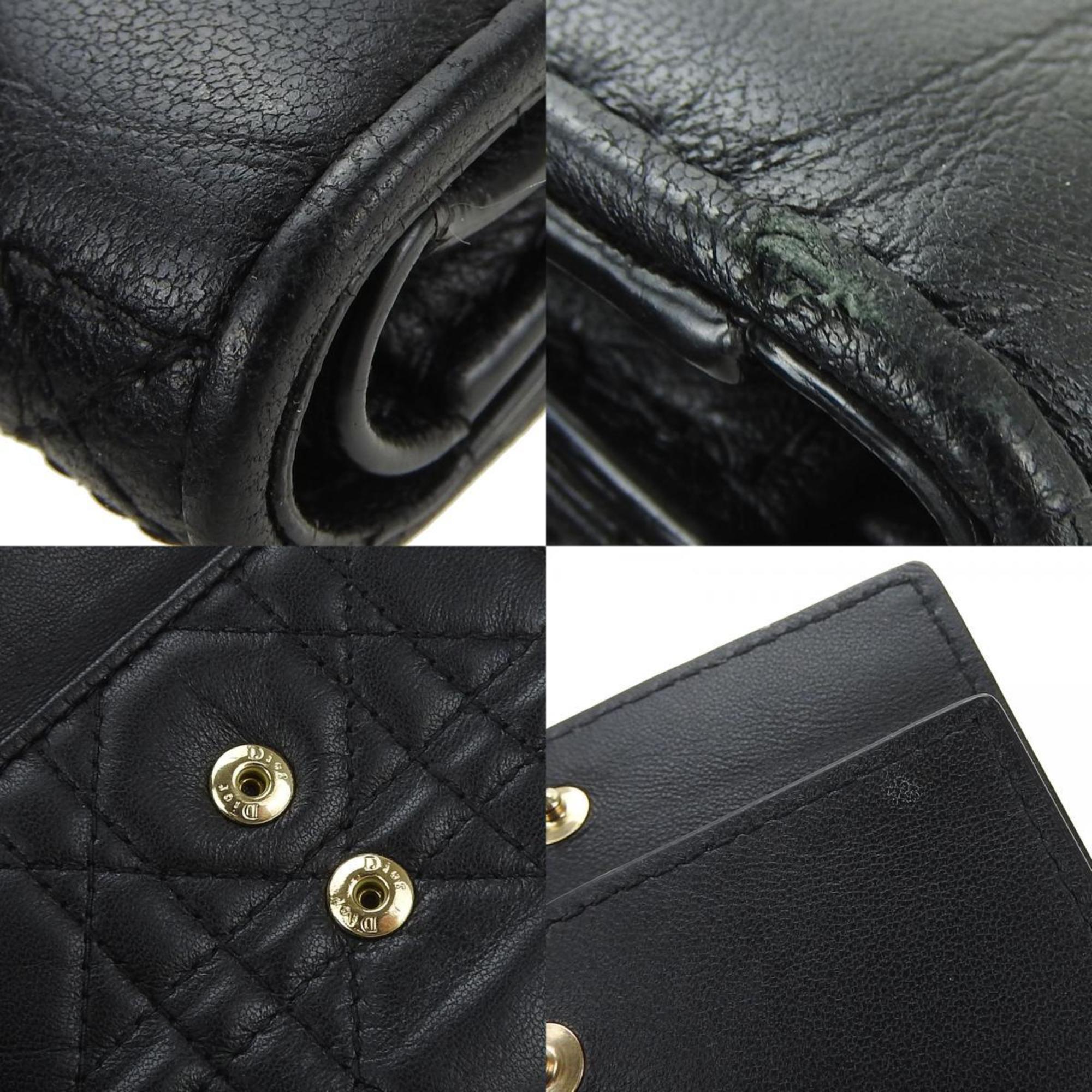 Christian Dior Trifold Wallet Lady Cannage Lambskin Black Quilted Compact Charm Ladies