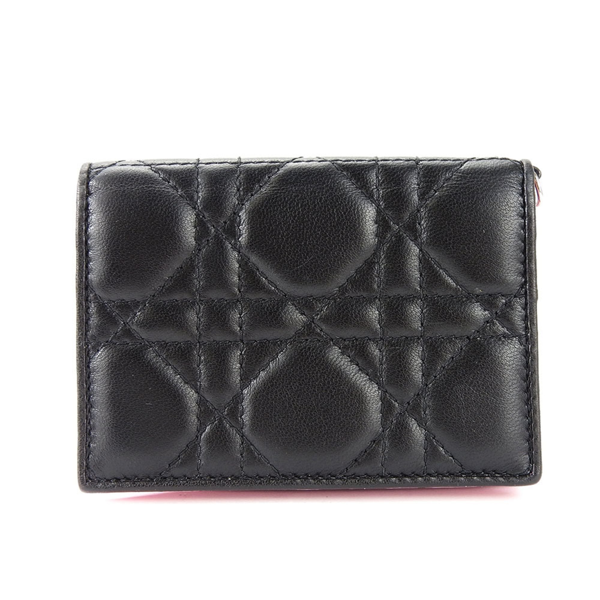 Christian Dior Business Card Holder/Card Case Cannage Leather Black Pink Accessories Women's