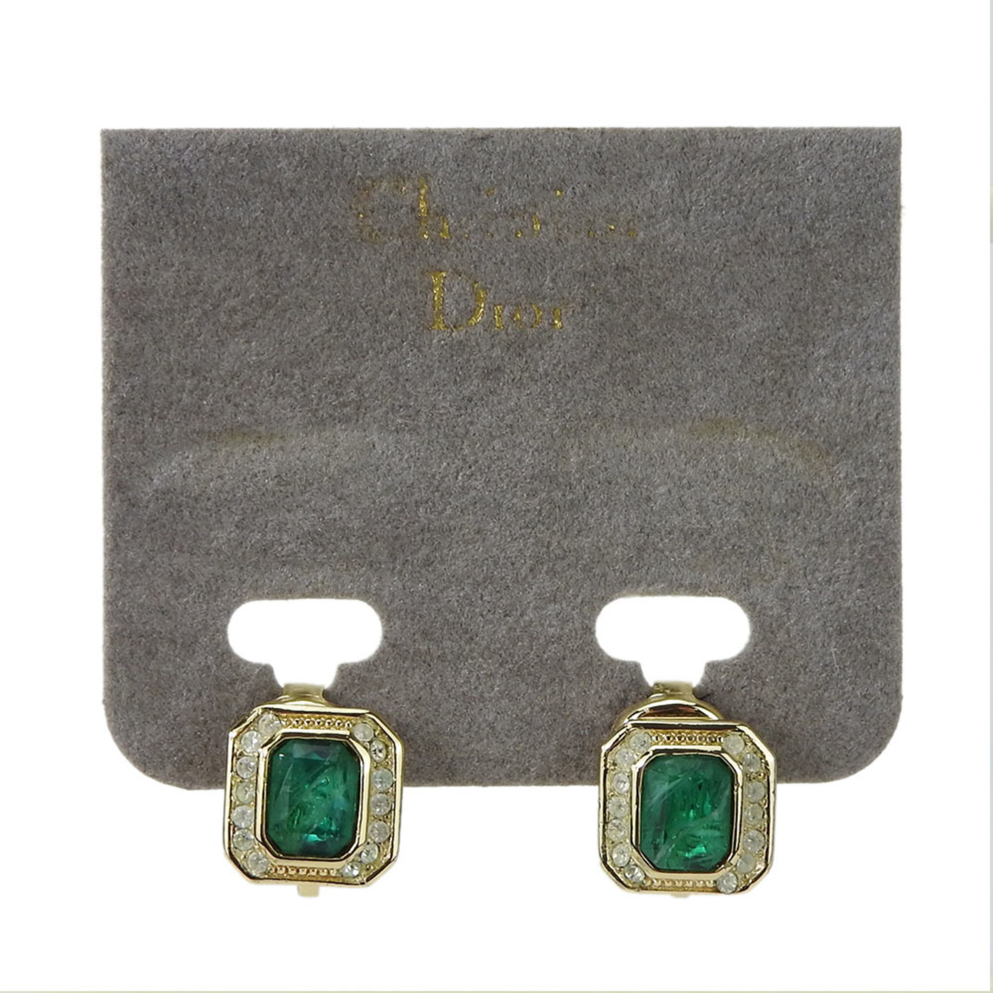 Christian Dior Earrings Metal Rhinestone Gold Green White Accessories Women's