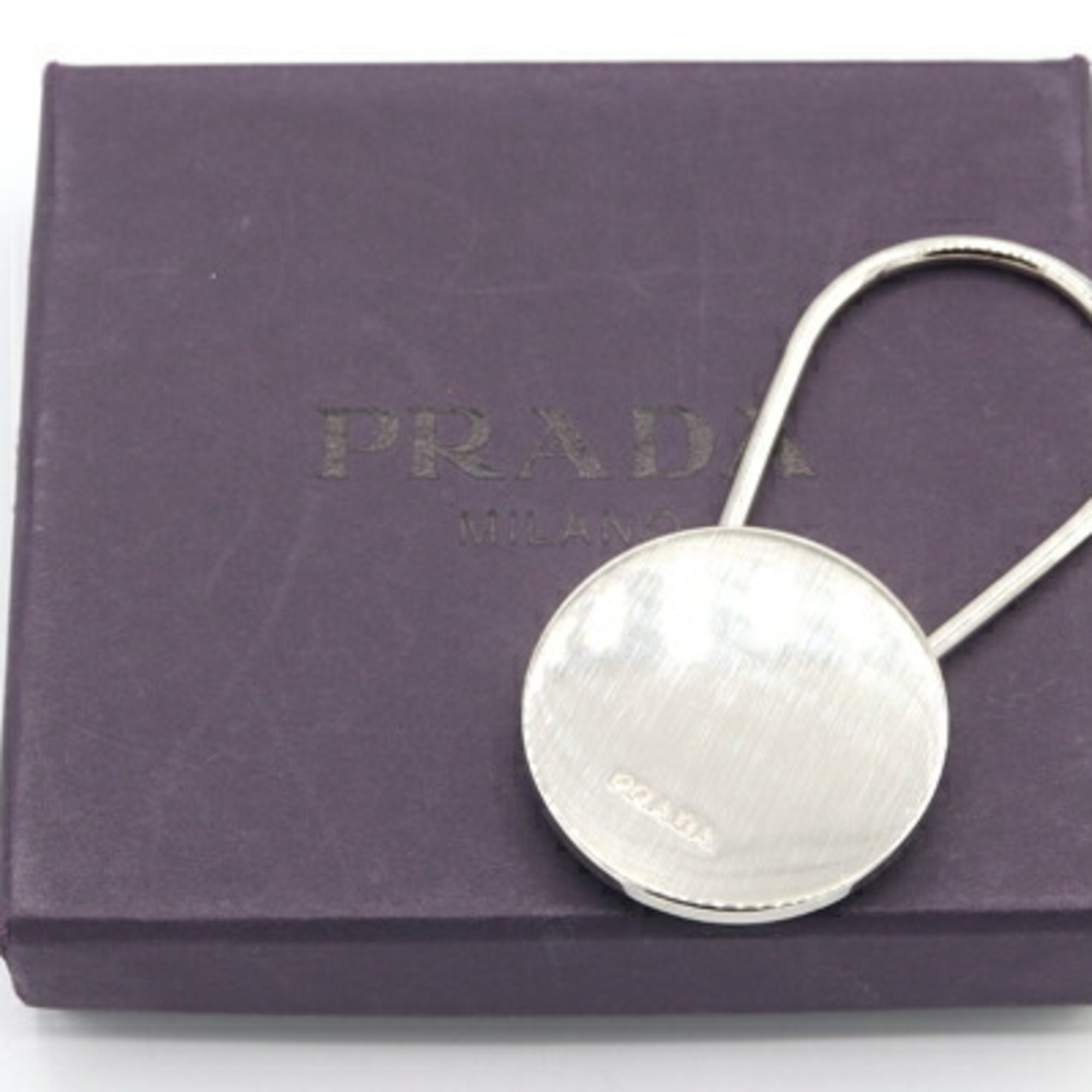 PRADA Keychain M717 Silver Metal Women's Men's Round Key Ring Bag Charm
