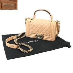 CHANEL Boy Chanel Small 2way Hand Chain Shoulder Bag Leather Beige Gold Hardware