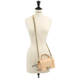 CHANEL Boy Chanel Small 2way Hand Chain Shoulder Bag Leather Beige Gold Hardware