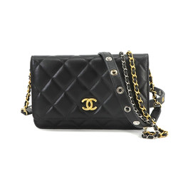 CHANEL Matelasse Chain Wallet Long Leather Black Gold Silver Hardware