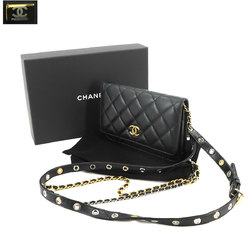 CHANEL Matelasse Chain Wallet Long Leather Black Gold Silver Hardware