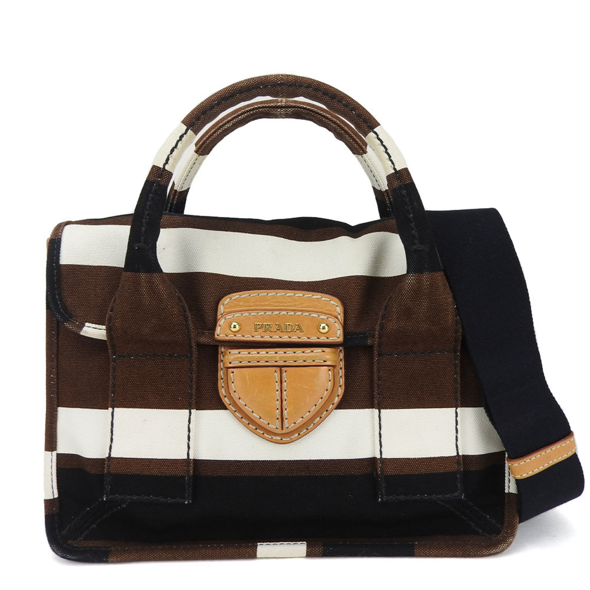 PRADA hand bag shoulder BN2119 border canvas brown ivory black ladies