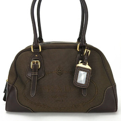 PRADA Prada BL0304 Handbag Leather Jacquard Brown Name Tag Plate Ladies Hand Bag leather canvas dark brown Logo Bruciato Mor
