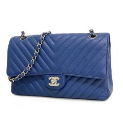 Chanel Shoulder Bag V Stitch W Flap Chain Caviar Skin Blue Ladies