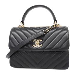 Chanel Handbag V Stitch Chain Shoulder Lambskin Black Champagne Women's