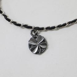 CHANEL Necklace Charm Here Mark Camellia Clover Coin Chain Leather 96P VINTAGE Silver Black Women's