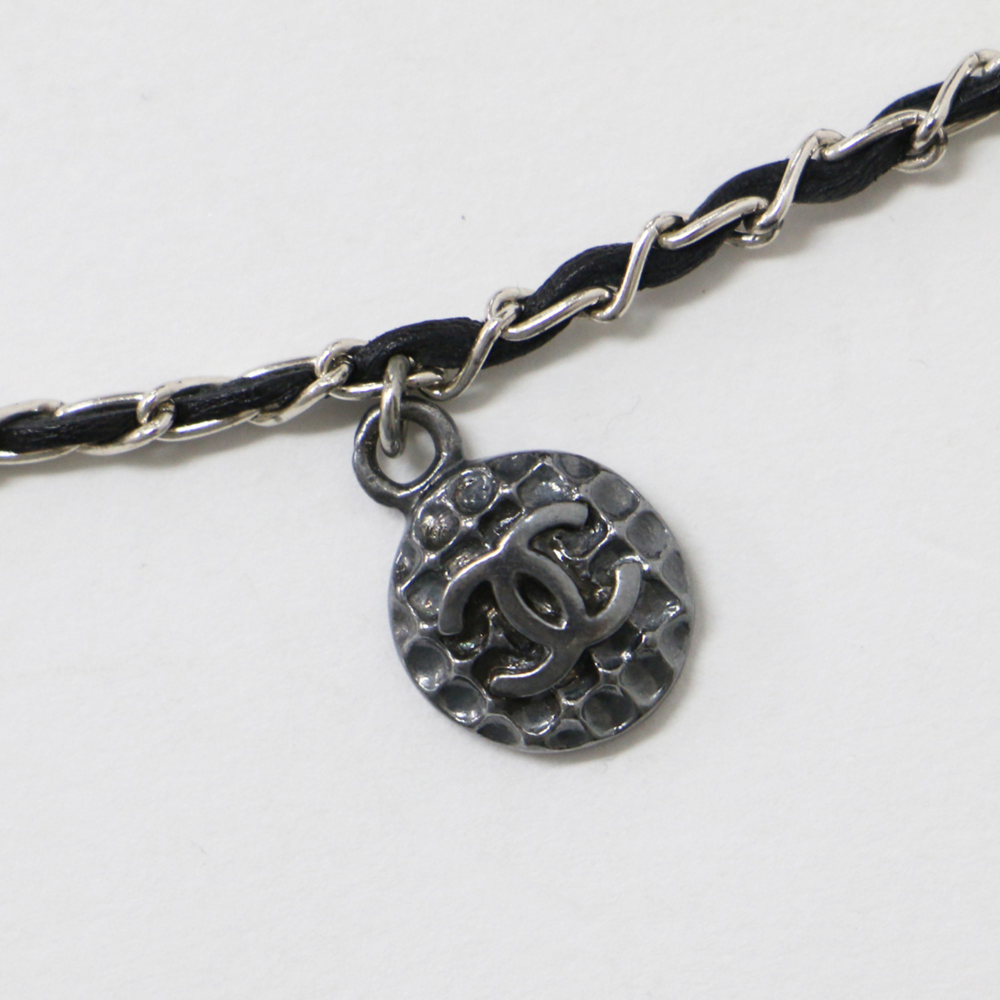 CHANEL Necklace Charm Here Mark Camellia Clover Coin Chain Leather 96P VINTAGE Silver Black Women's