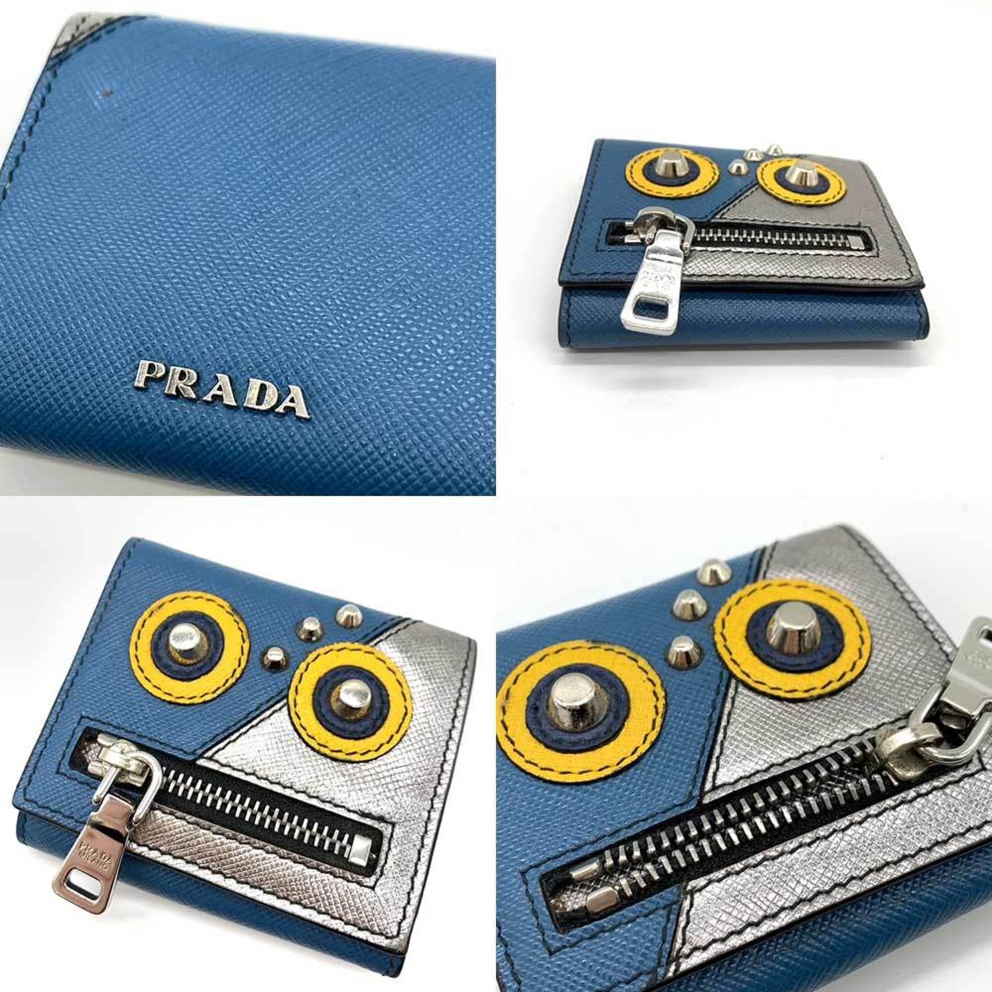 PRADA Wallet Robot Wallet/Coin Case Blue x Yellow Silver Color Metallic Coin Purse Square Studs Ladies Men's Saffiano Leather 2MM935