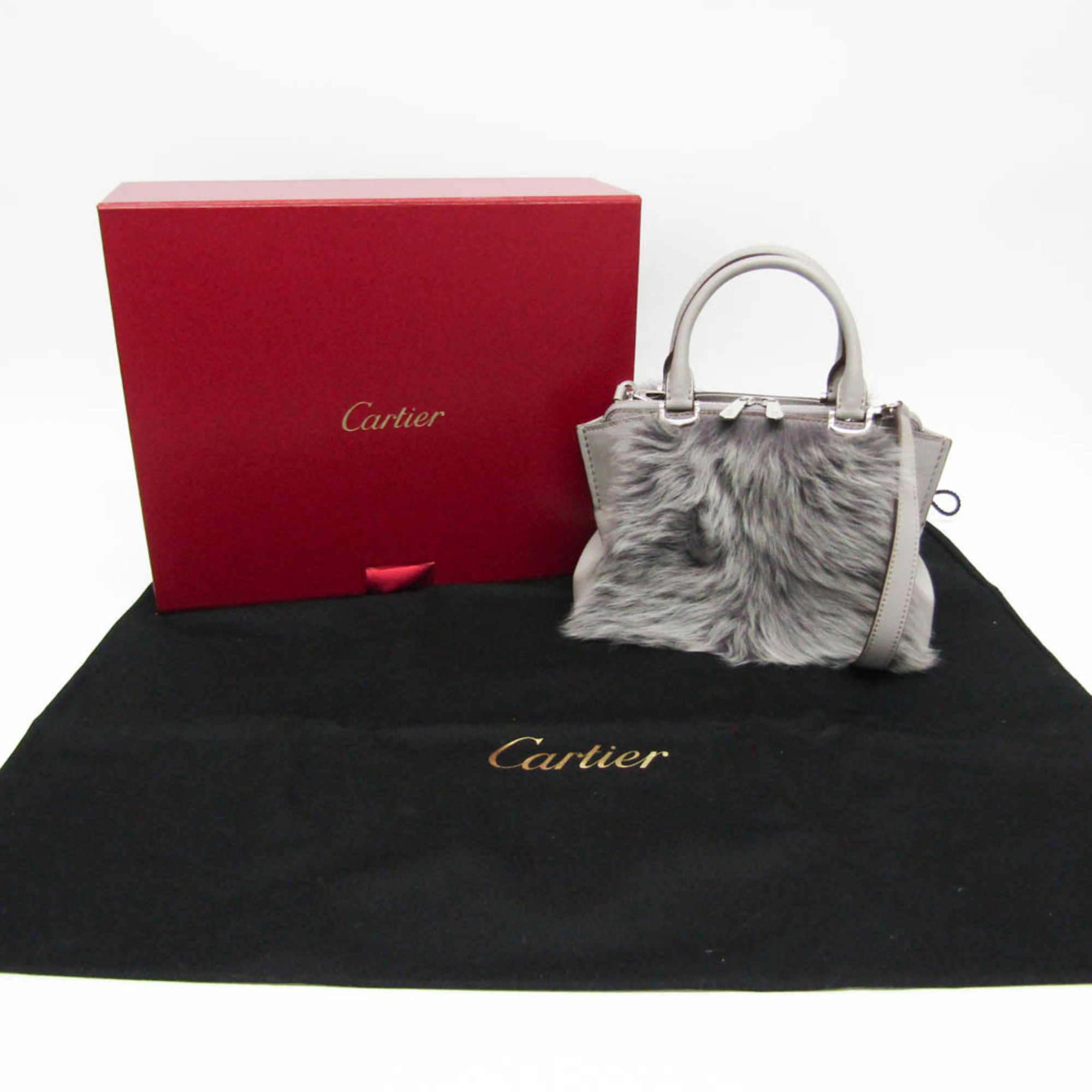 Cartier C De Cartier Mini CRL1002055 Women's Leather,Fur Handbag,Shoulder Bag Gray
