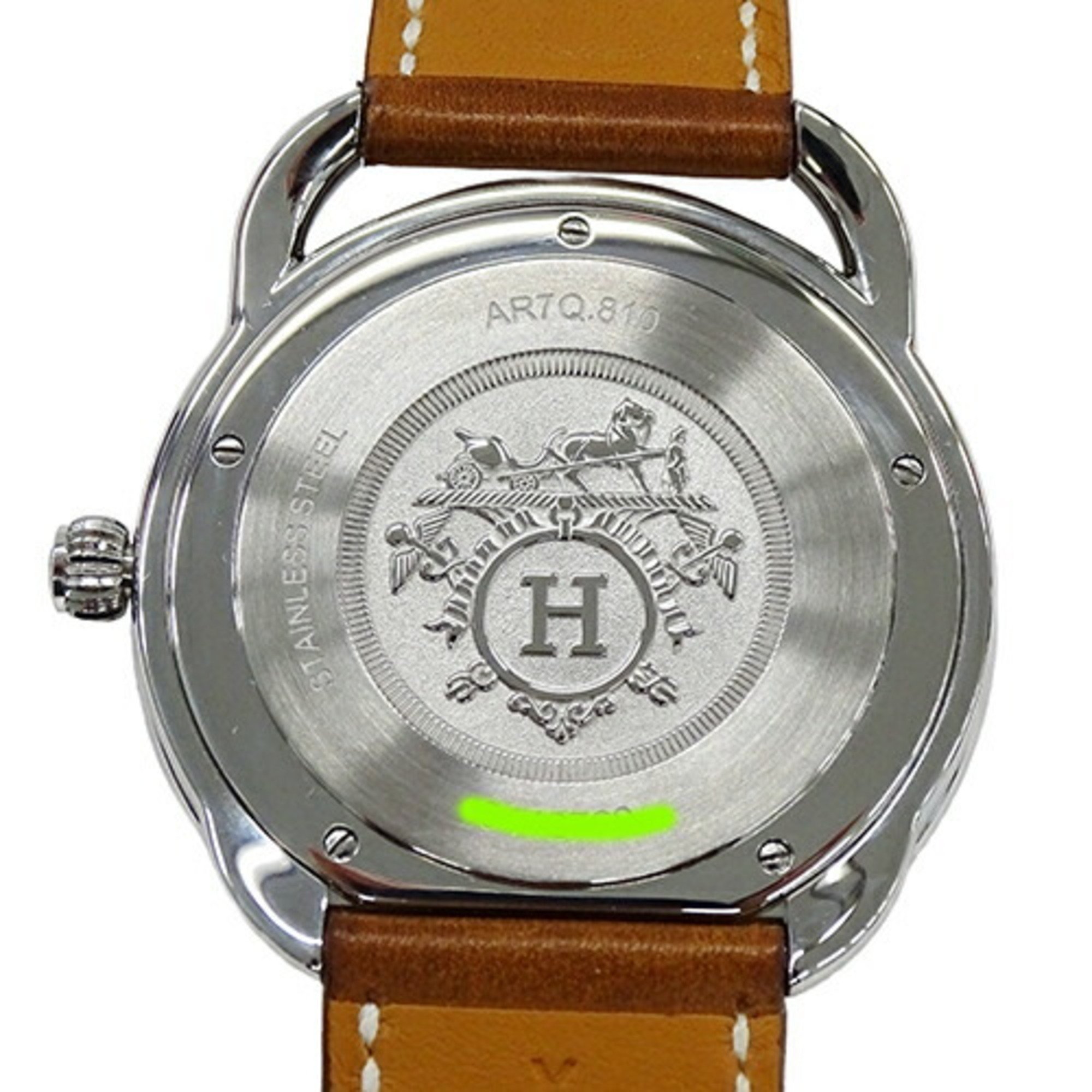 Hermes Watch Men's Brand Arceau GM Date Quartz QZ Stainless Steel SS Leather AR7Q810 Round Polished