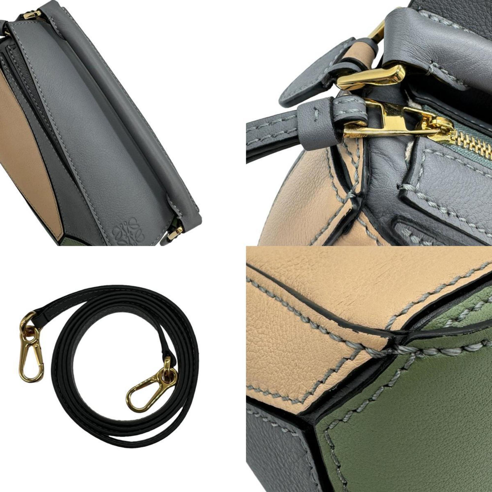 LOEWE Handbag Crossbody Shoulder Bag Puzzle Mini Leather Gray/Beige/Light Green Gold Women's