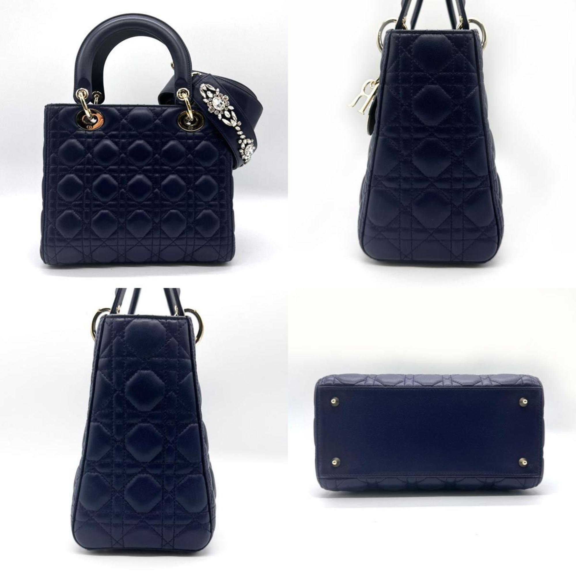 Christian Dior Handbag Shoulder Bag Lady Lambskin Navy Blue Gold Ladies