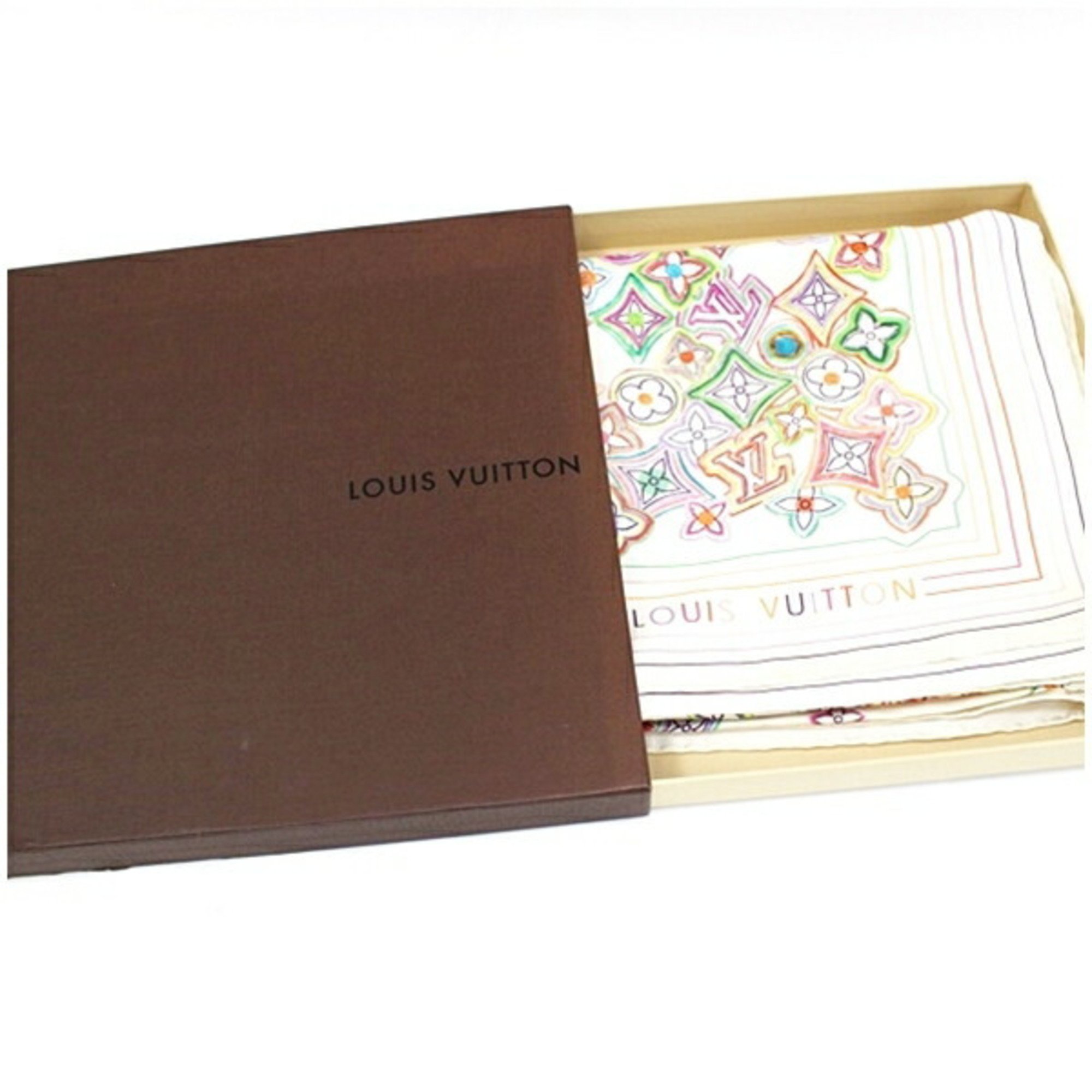 Louis Vuitton Silk Scarf Muffler Monogram White x Multicolor Women's