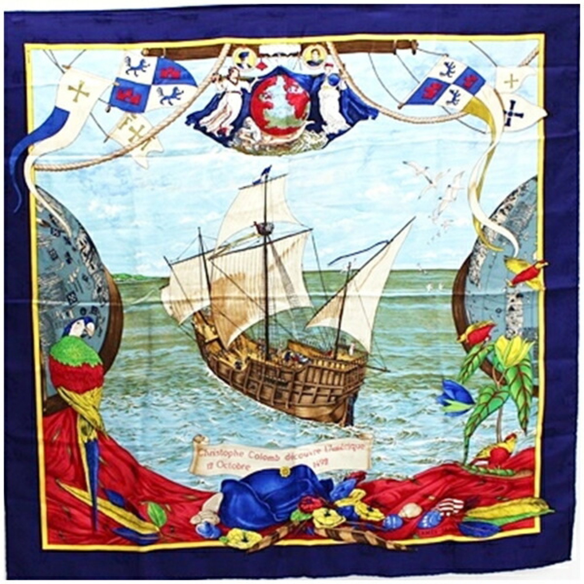 Hermes Silk Scarf Muffler Carre 90 Christopher Columbus Christophe Colomb decouvre 1Amerique 12 Octobre 1492 Blue HERMES Ladies