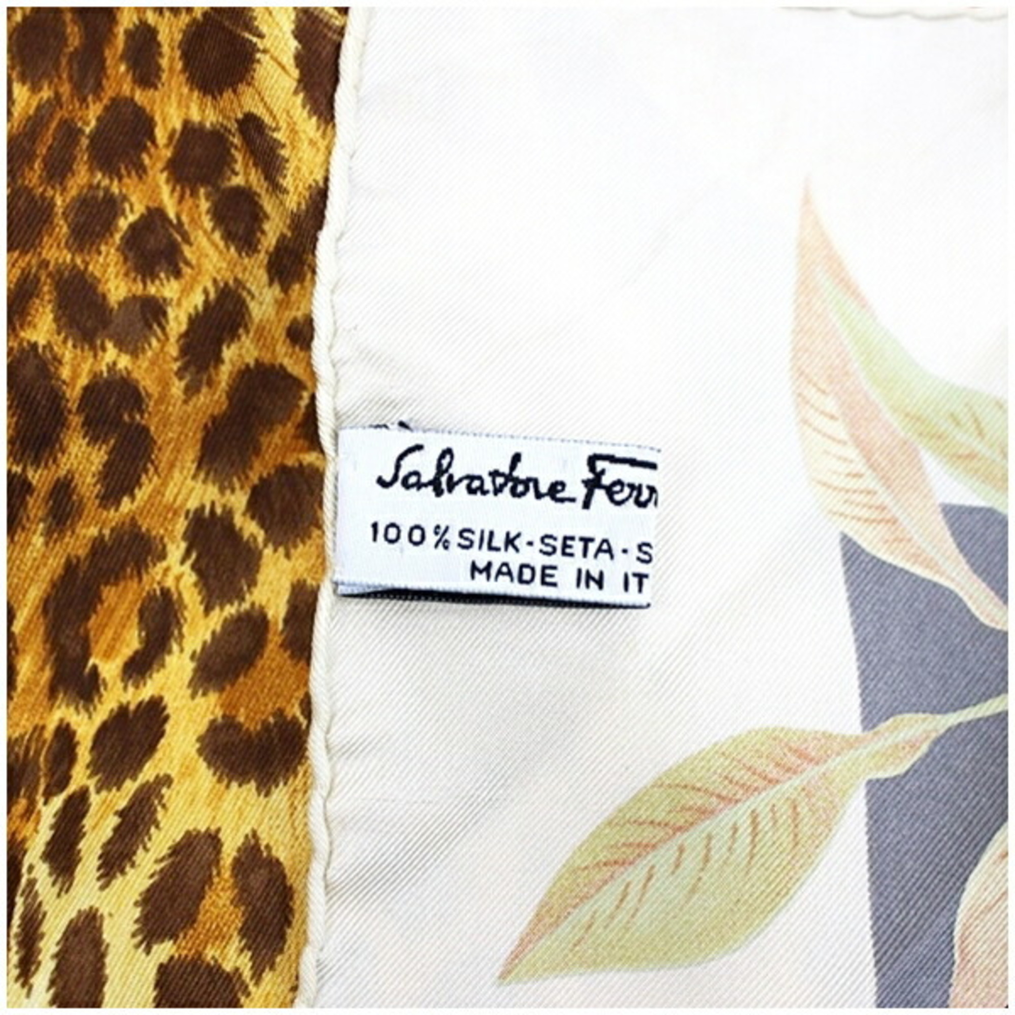 Salvatore Ferragamo Silk Scarf Muffler Cream x Multicolor Leopard Print Women's