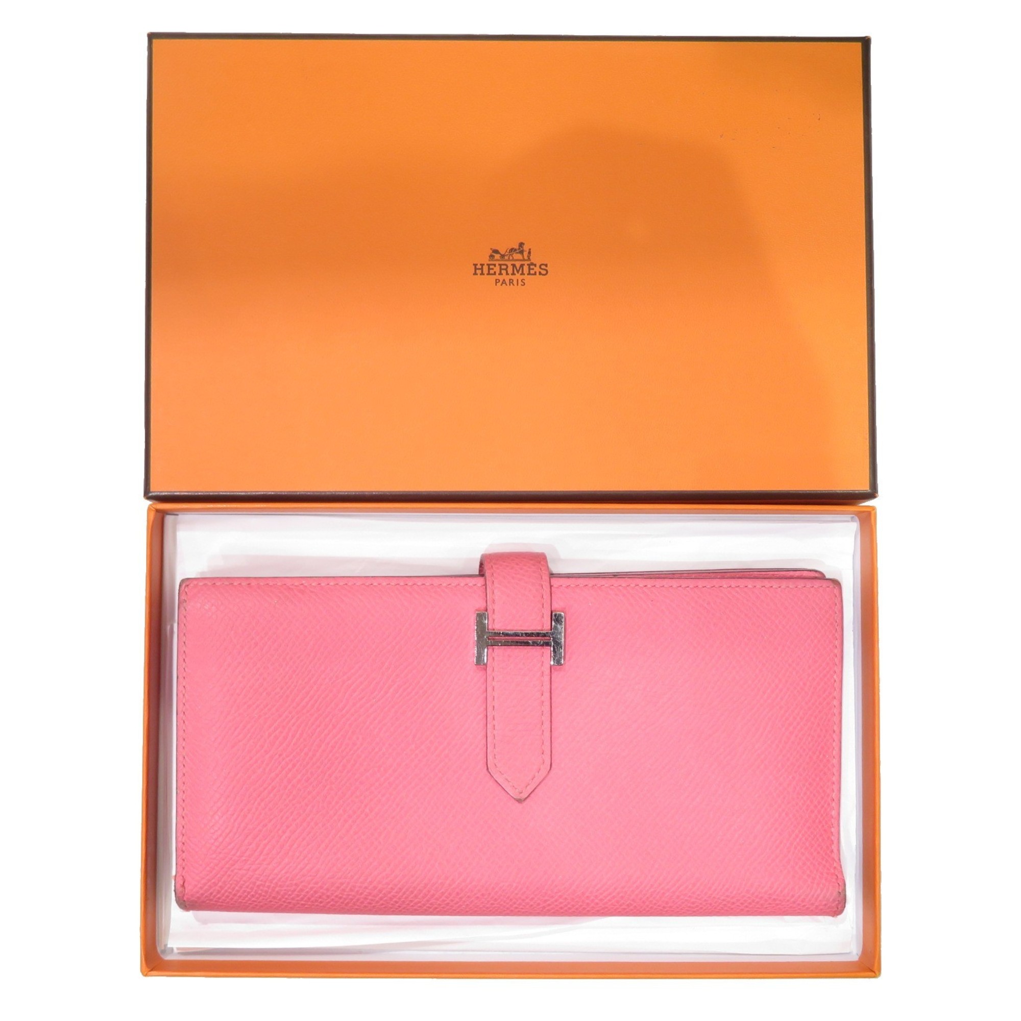 HERMES Bear Soufflé Wallet Long Pink/SV Hardware Epson T Engraved Ladies Men's