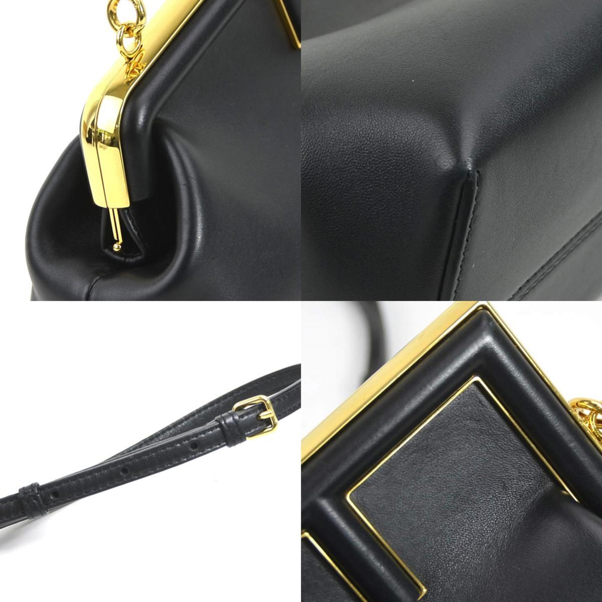 FENDI Shoulder Bag Clutch First Small Leather Black Gold 8BP129-ABVE