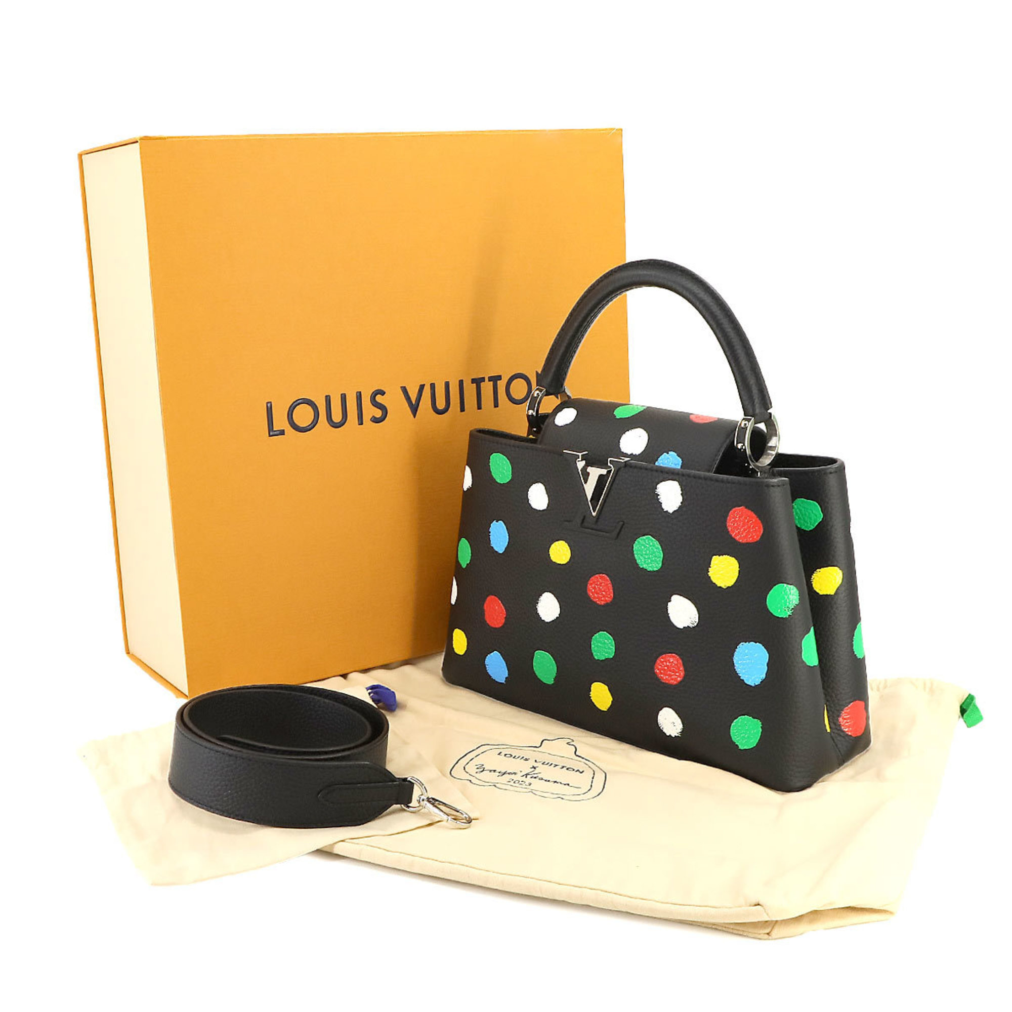 LOUIS VUITTON LVxYK Painted Dot Capucines MM 2way Hand Shoulder Bag Taurillon Leather Noir Multicolor Yayoi Kusama M21663 RFID
