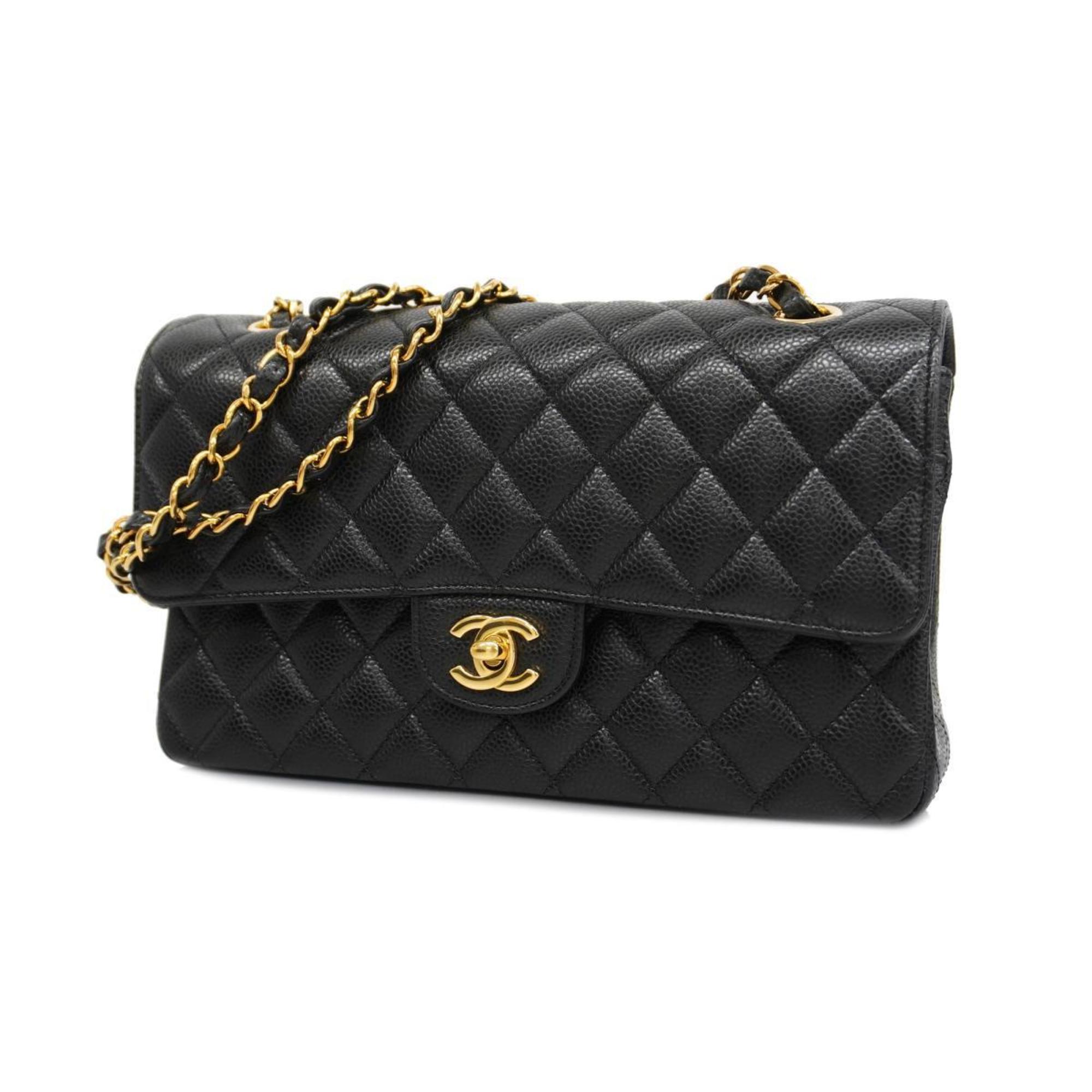 Chanel Shoulder Bag Matelasse W Flap Chain Caviar Skin Black Women's