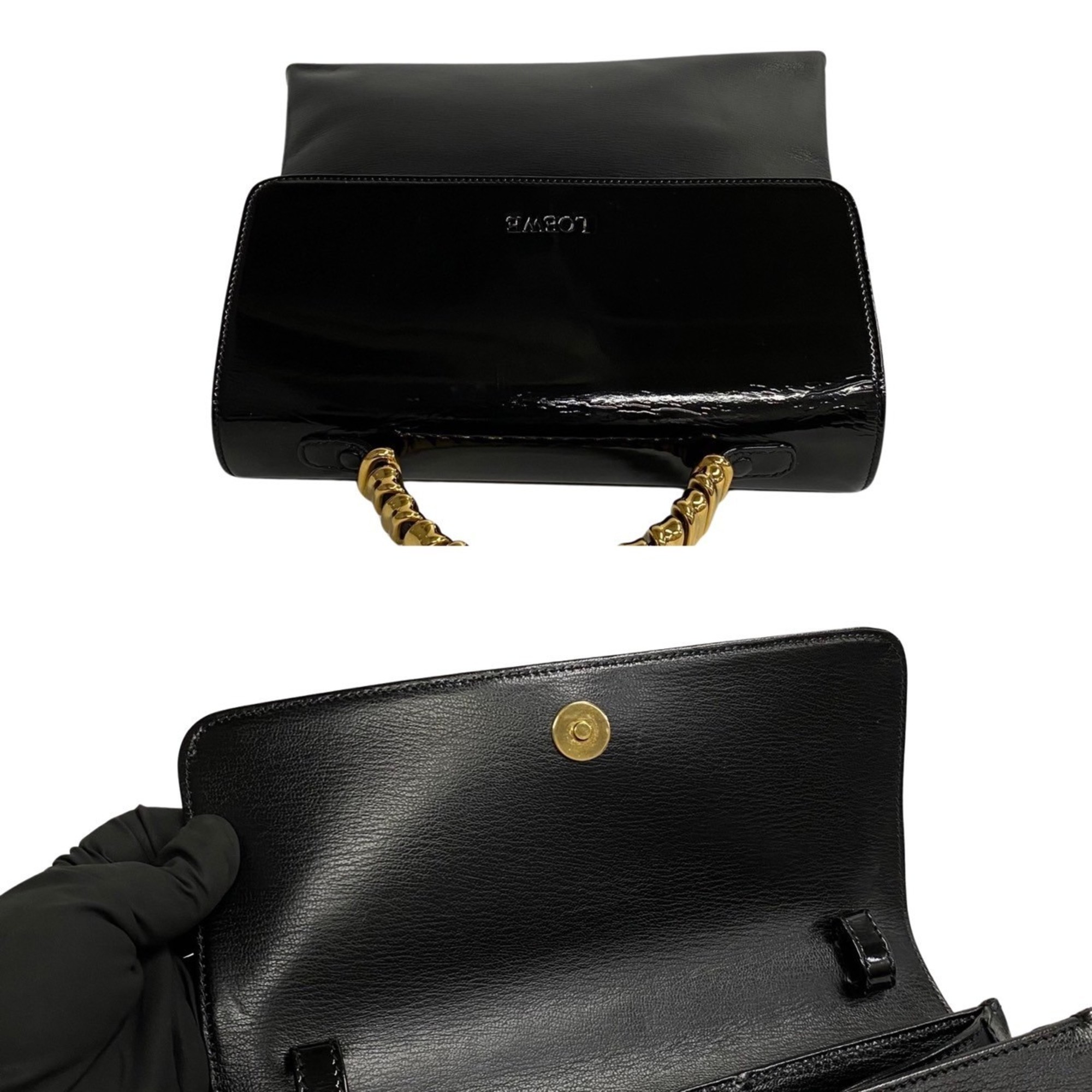 LOEWE Velazquez Twist Metal Fittings Patent Leather 2way Handbag Shoulder Bag Black 95798