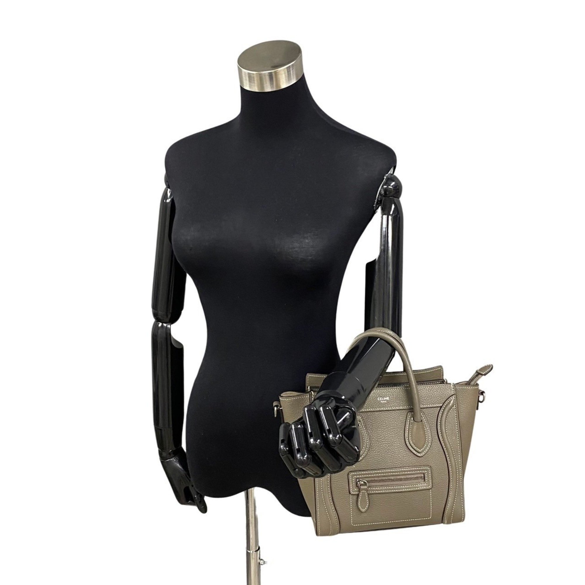 CELINE Luggage Nano Shopper Leather 2way Handbag Tote Bag Shoulder Greige 15963