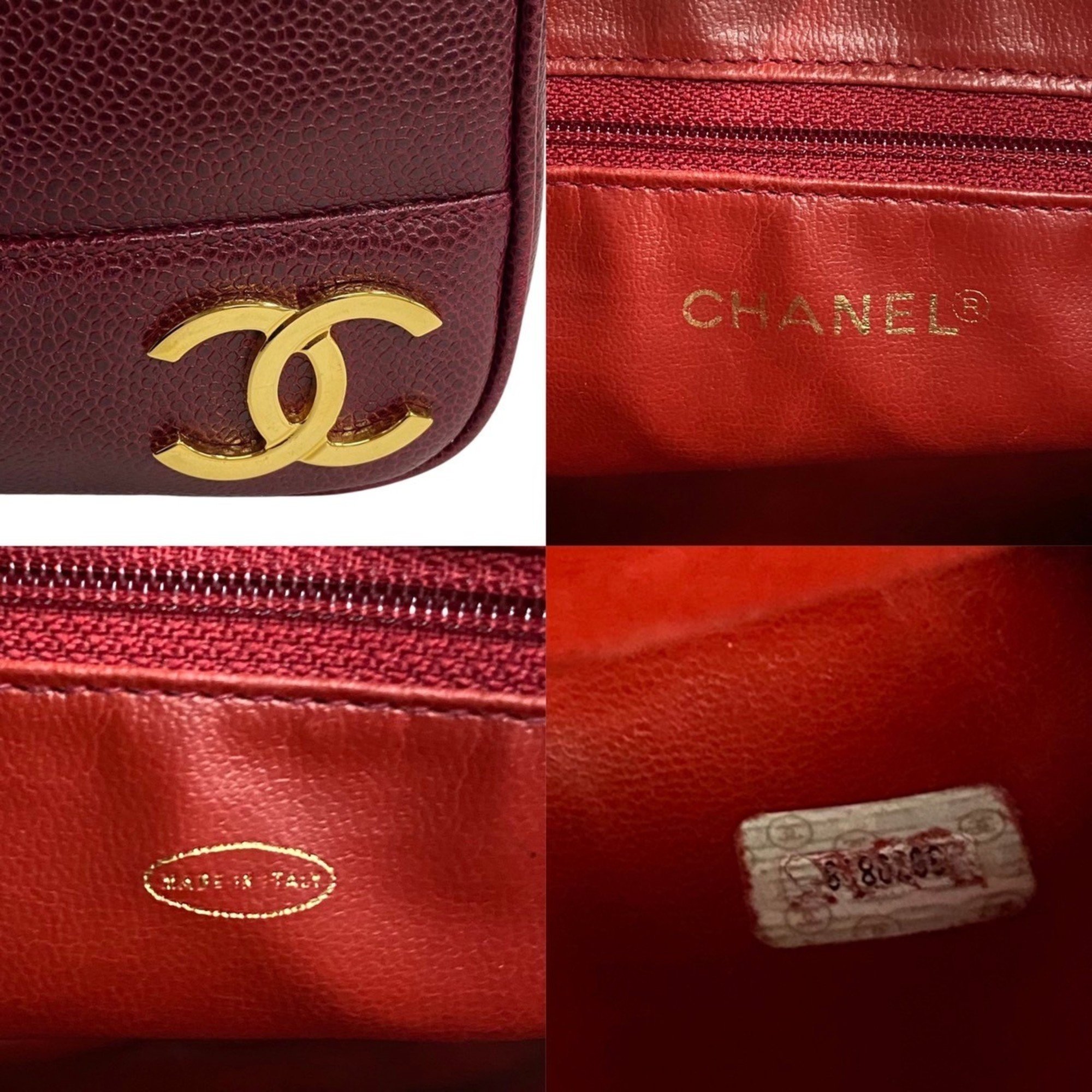 CHANEL Triple Coco Caviar Skin Mark Metal Fittings Leather Chain Tote Bag Bordeaux 16858