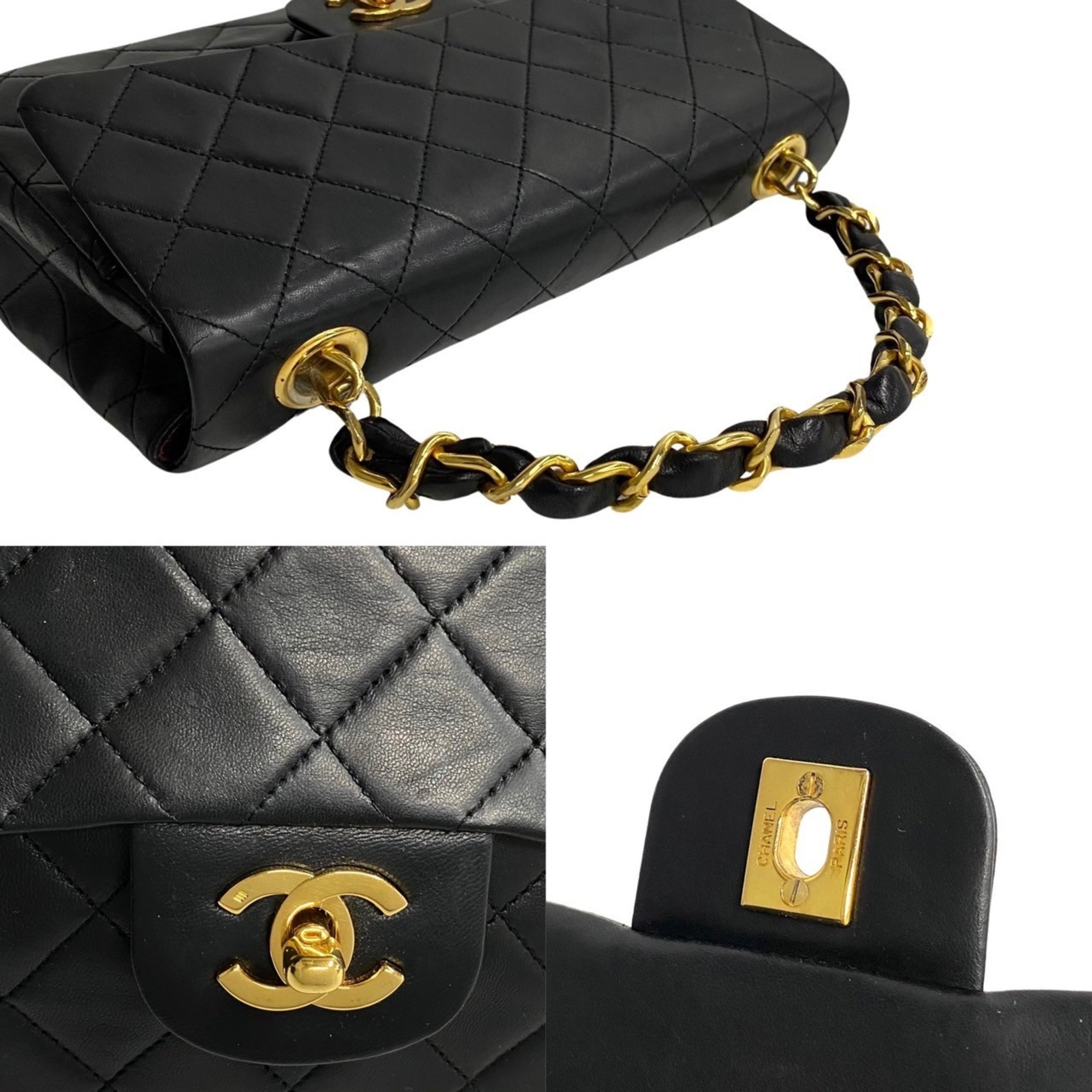 CHANEL Chanel Matelasse Lambskin Leather Chain Handbag Black 51446