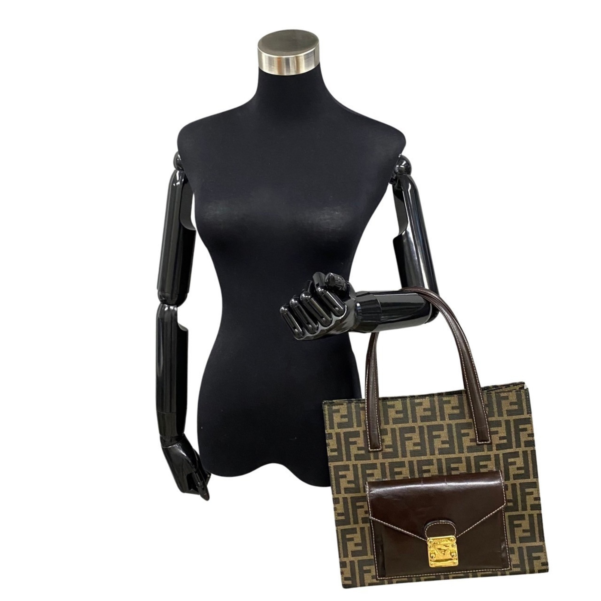 FENDI Zucca FF Hardware Leather Canvas Handbag Tote Bag Brown Khaki 28225