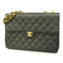 Chanel Shoulder Bag Big Matelasse W Chain Caviar Skin Black Ladies
