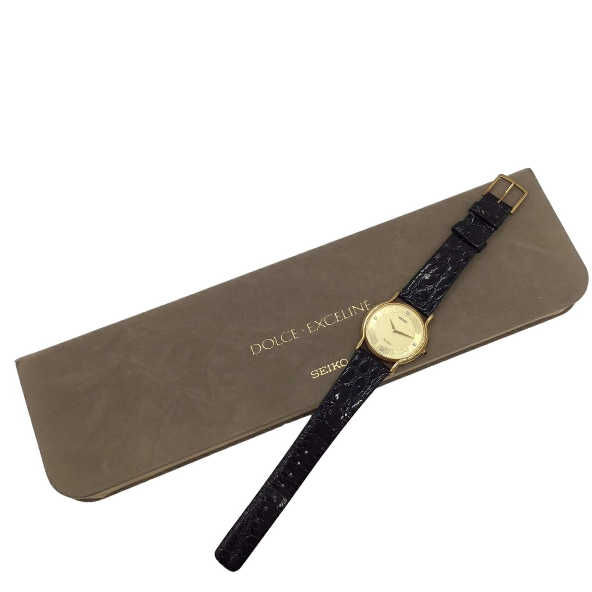 SEIKO DOLCE 18KT 750 Quartz Battery Gold Black Leather Band 4P Diamond 5E30-6A30 Genuine Belt Watch Men's Women's Unisex