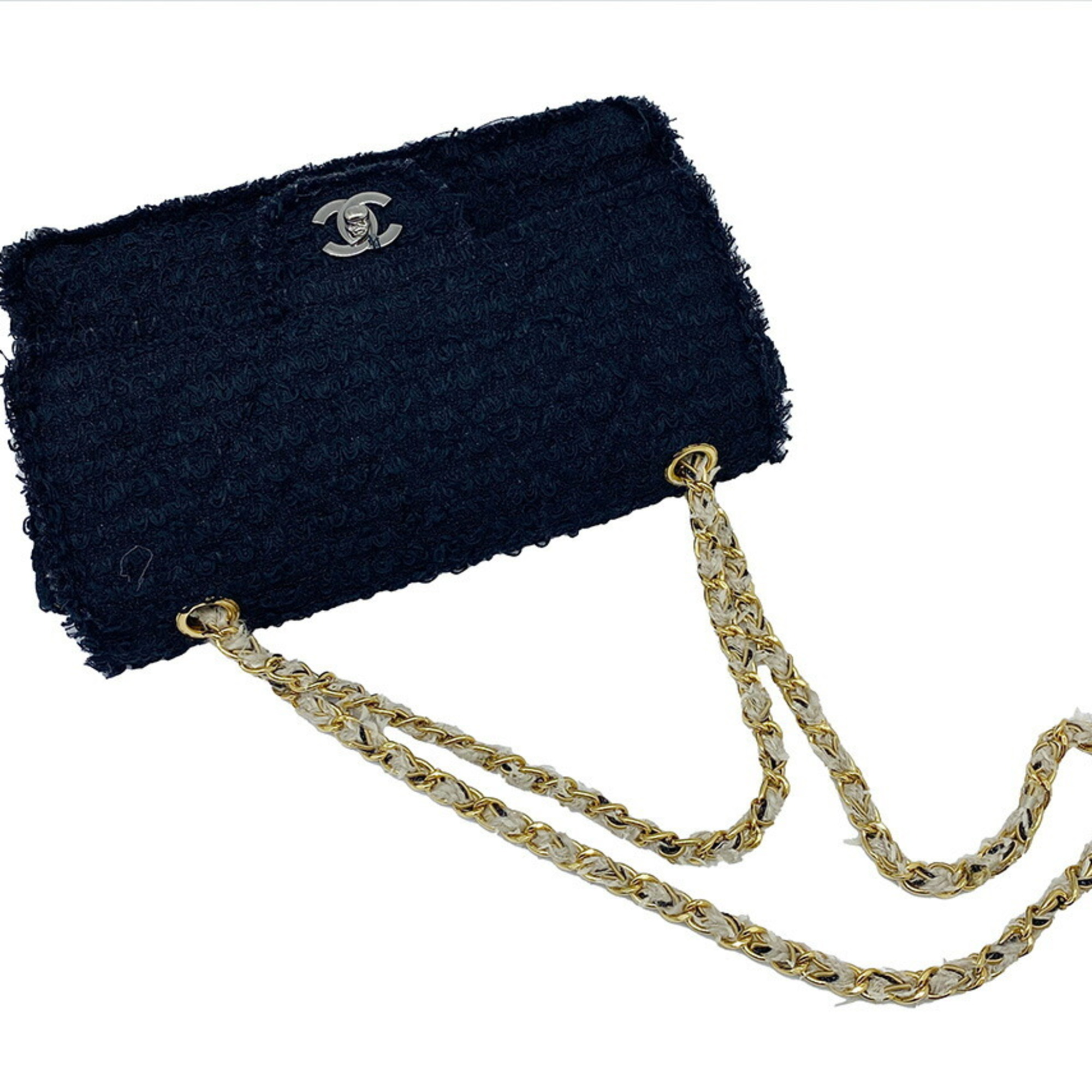 CHANEL Tweed Chain Shoulder Bag W Coco Black Beige Gold Silver Ladies No. 13