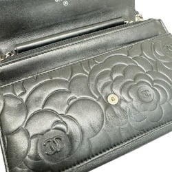 CHANEL Camellia Chain Wallet Lambskin Black 7421 Shoulder Ladies No. 18