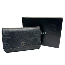 CHANEL Camellia Chain Wallet Lambskin Black 7421 Shoulder Ladies No. 18