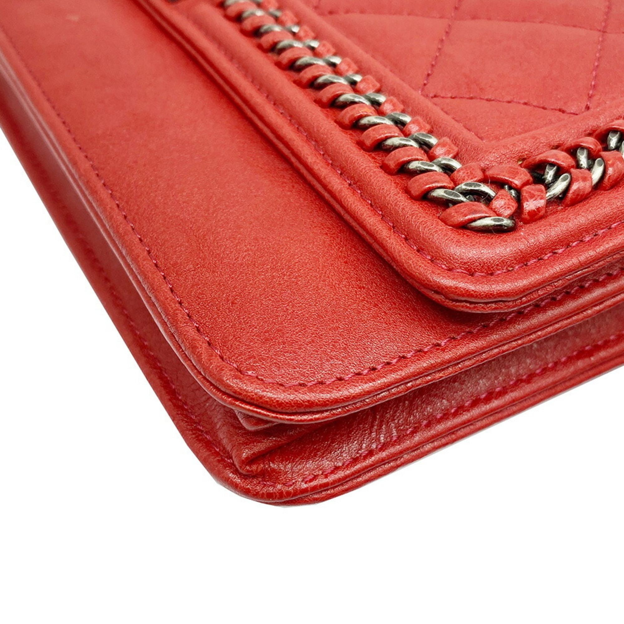 CHANEL Boy Chanel Chain Wallet Shoulder Bag Red S Hardware Lambskin Ladies