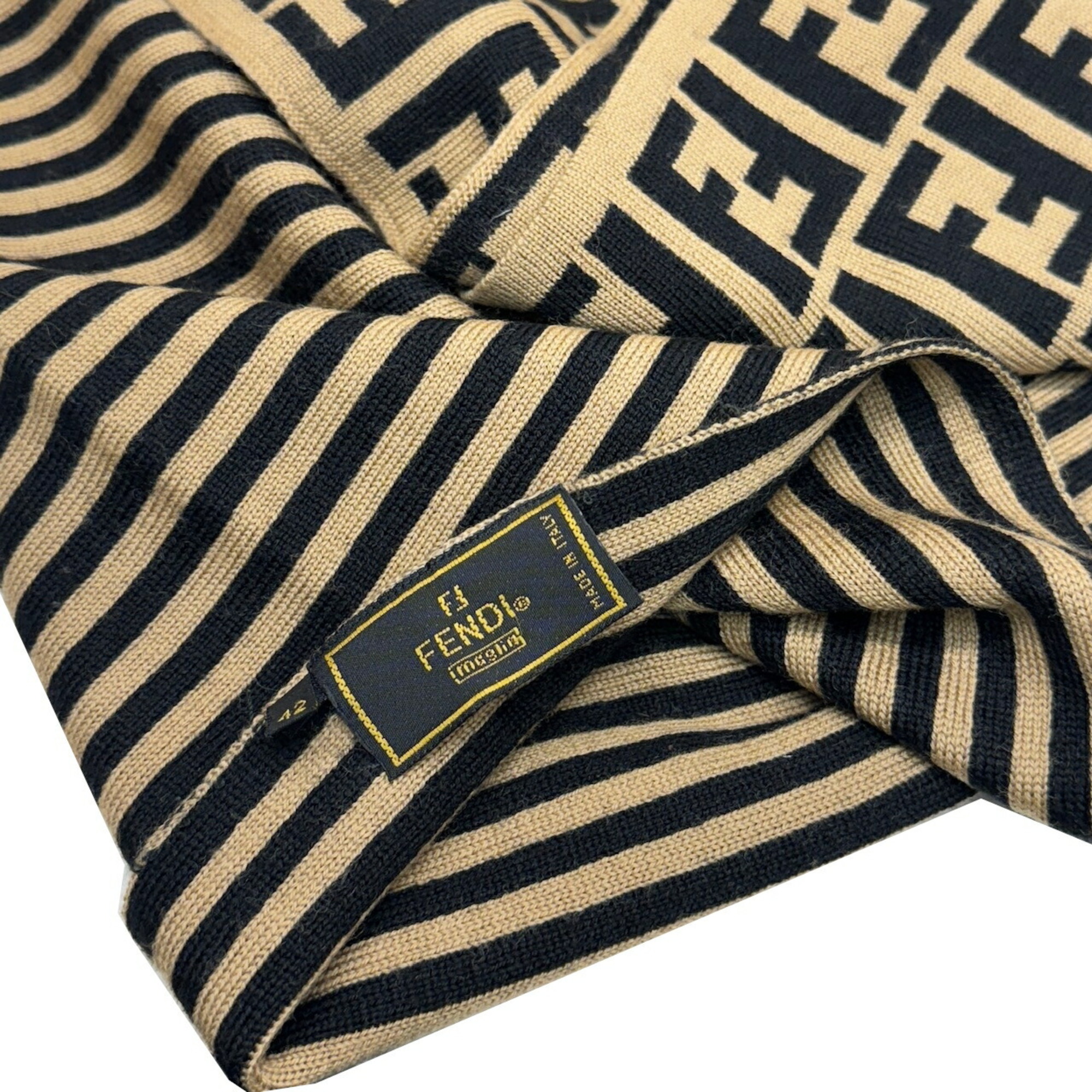 FENDI Zucca pattern FF scarf wool striped beige black men's women's