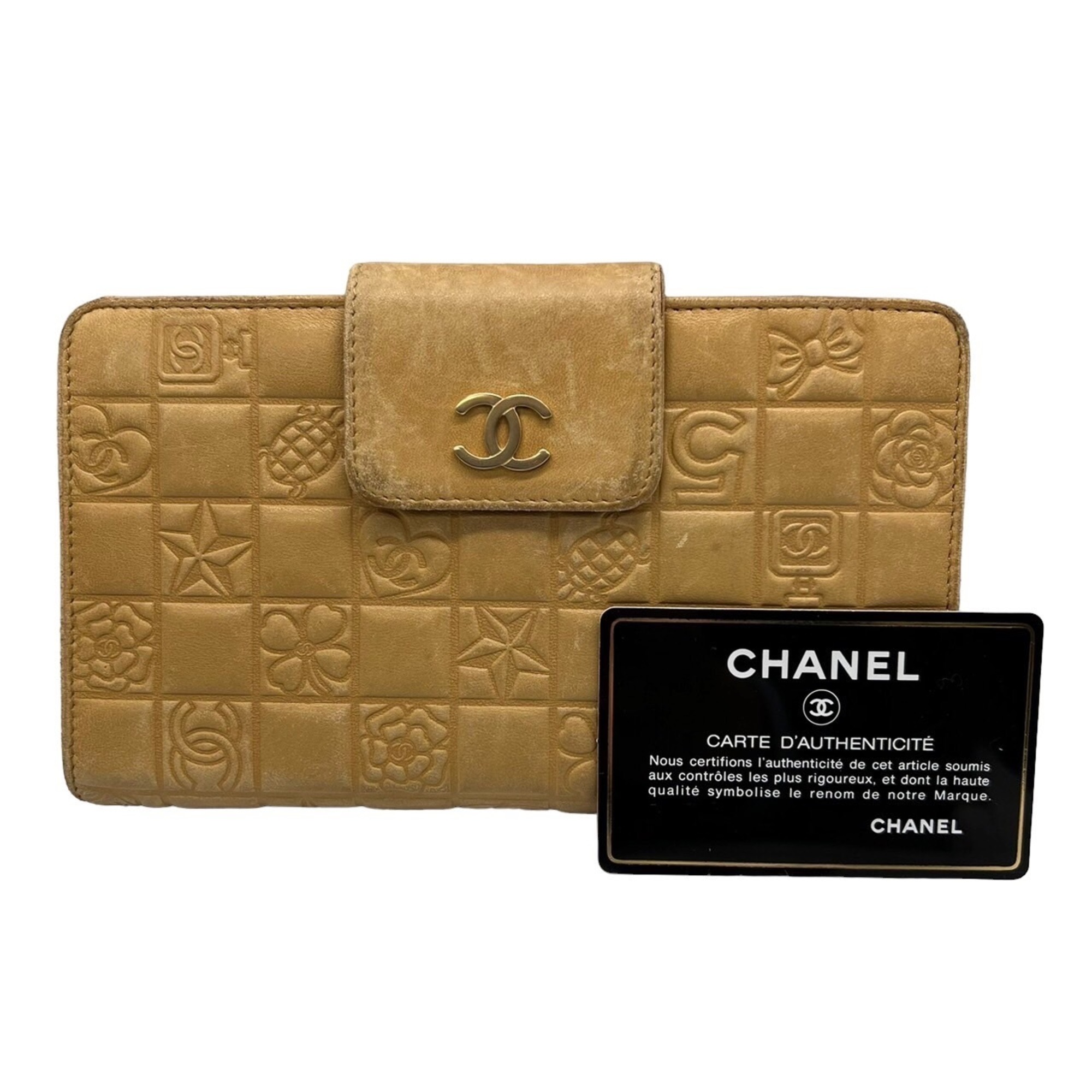 CHANEL Chanel Icon Wallet Bifold Beige Leather Flap Medium Women's