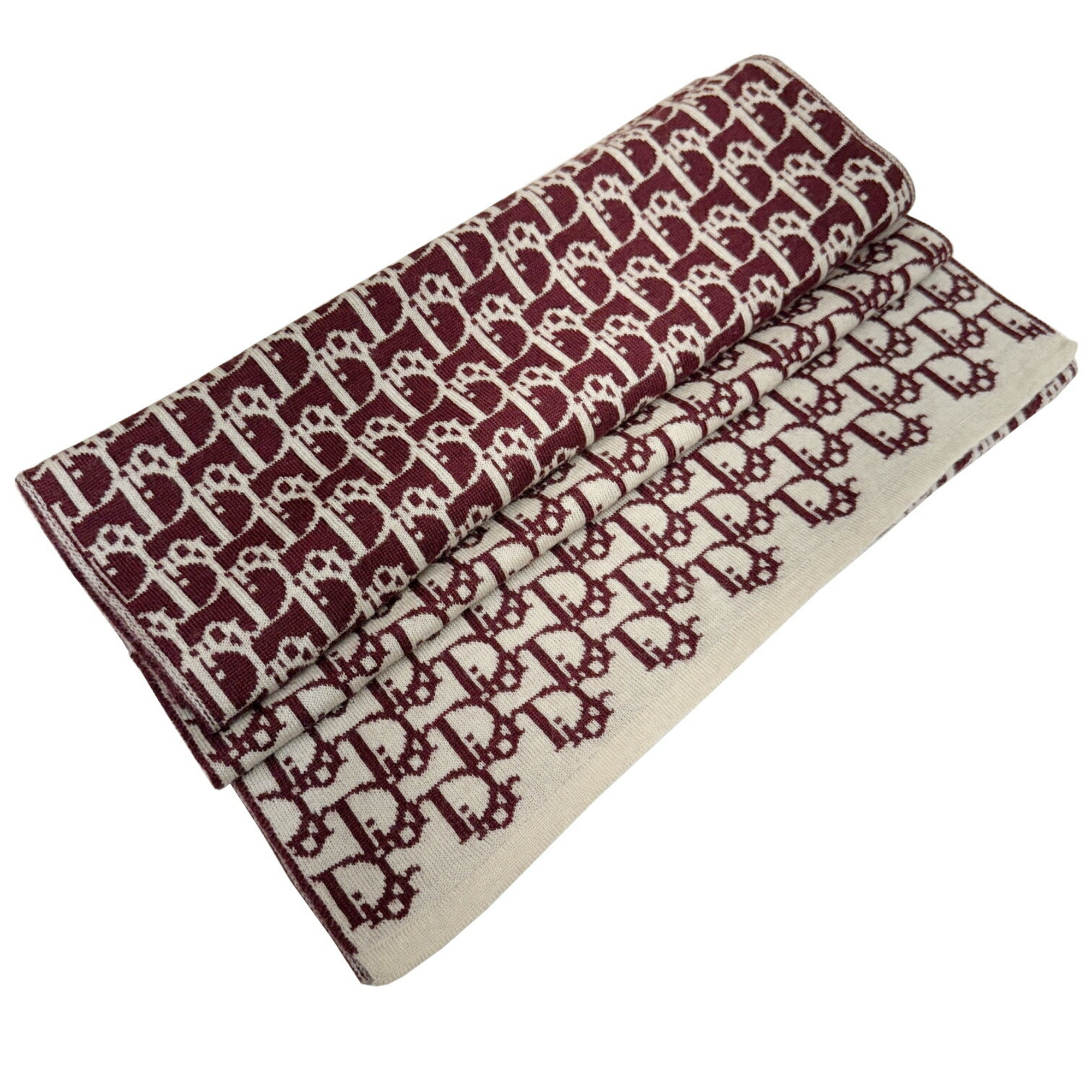 CHRISITIAN DIOR Christian Dior Muffler Trotter Pattern Wine Red Bordeaux Ivory Reversible 100% Wool Jacquard Ladies